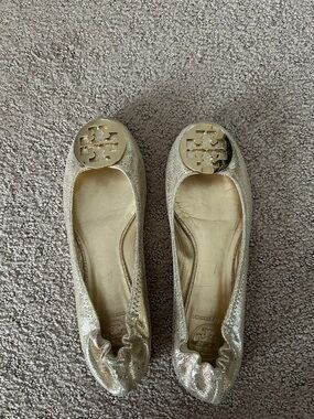 Tory Burch Gold Glitter Logo Ballet Flats